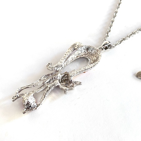 Cat Arched Back Pink Stones Pendant Necklace Silver Tone Long 24” Chain - Picture 7 of 9